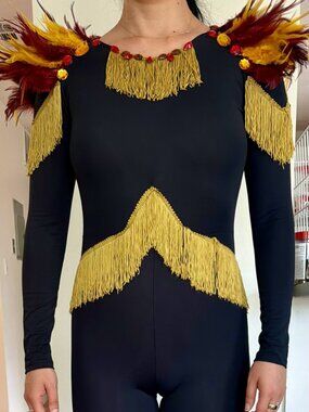 Black Gold Red feather tassel Catsuit Bodysuit Costume Cosplay